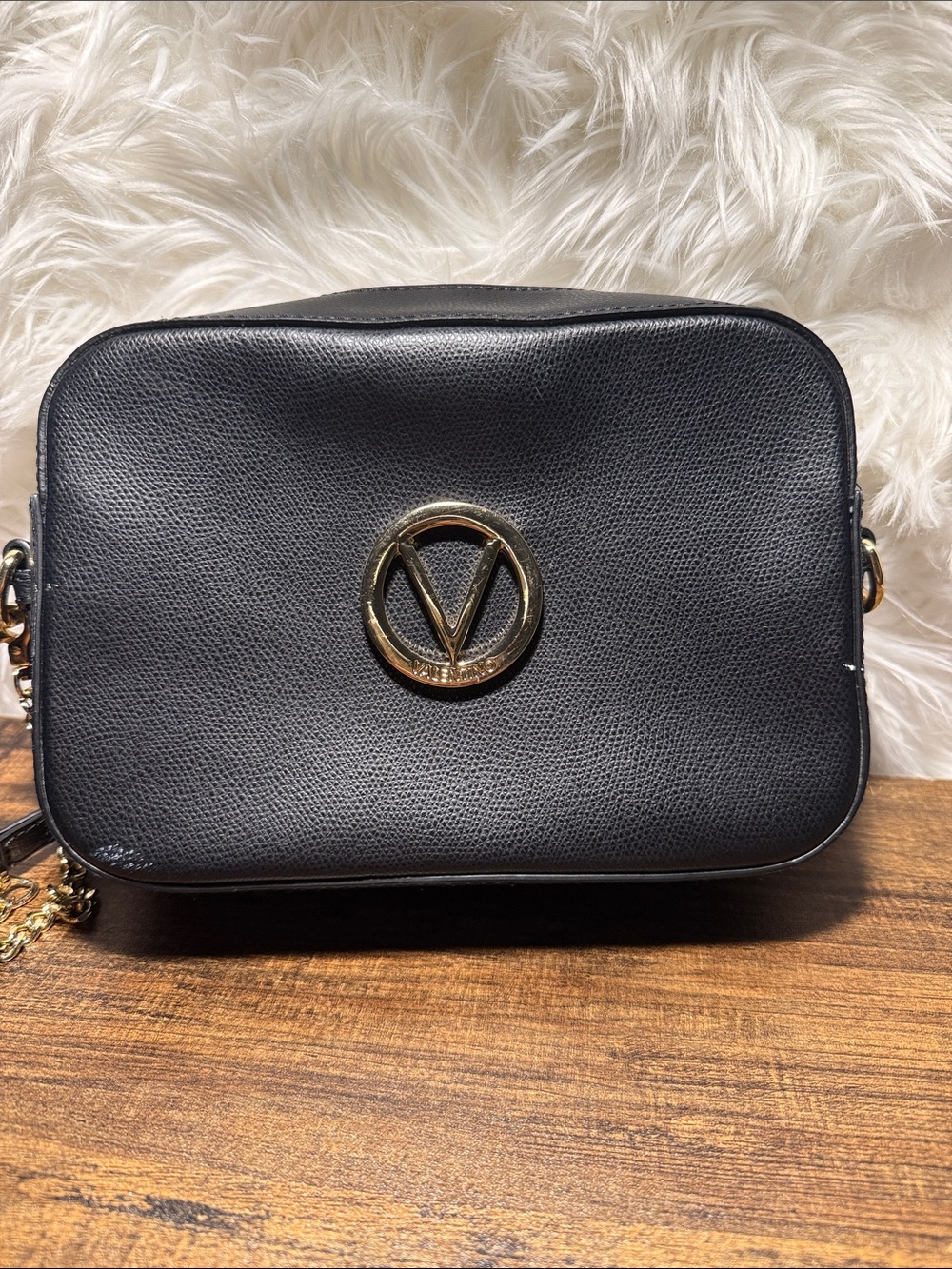 Valentino Black Crossbody with Gold V Emblem